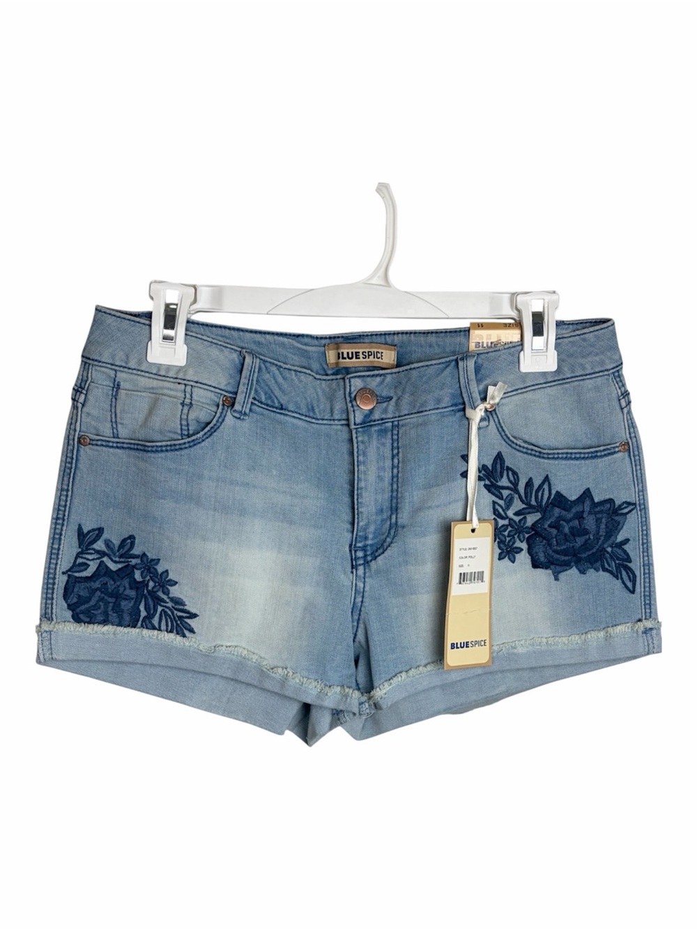 Blue Spice Light Wash Denim Shorts Sz 11 Floral Embroidered Cuffed Jean Shorts